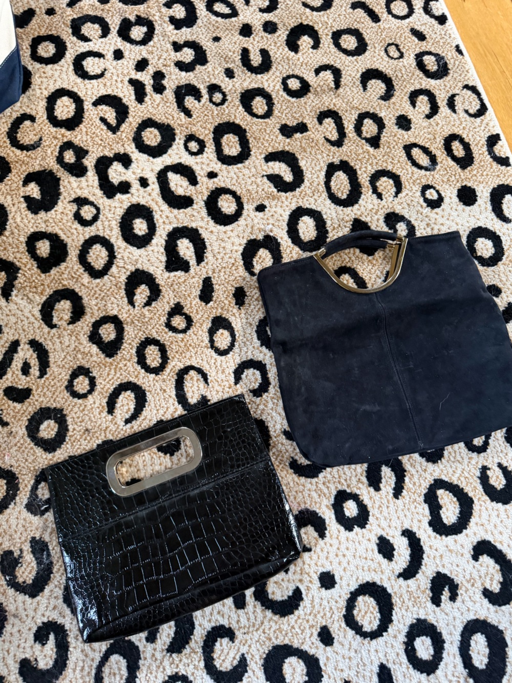 2 Black Clutches for $10; 1Black Suede Tote w/Gold; 1 Blk Crocodile w/Silver.